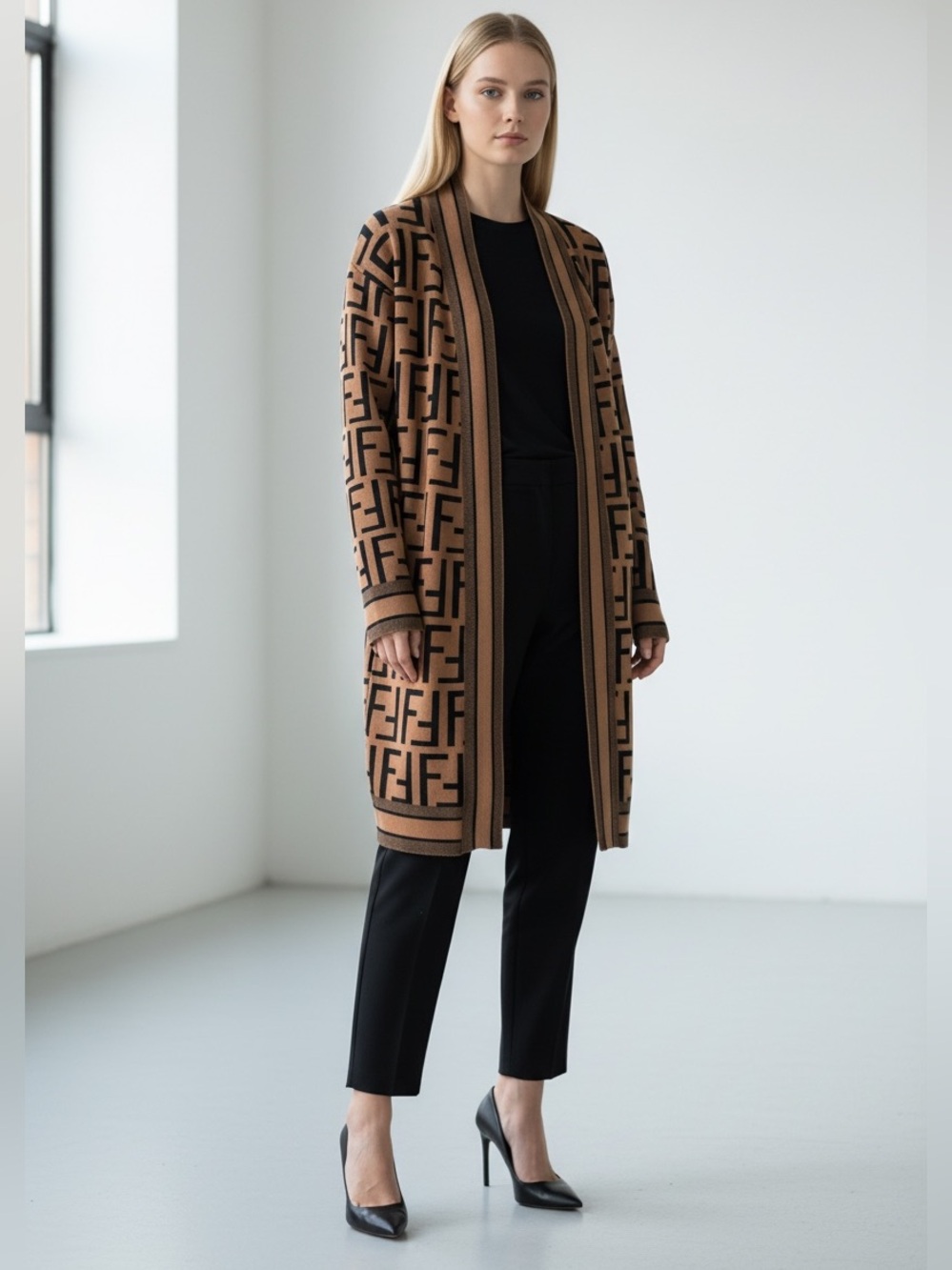 Fendi Brown and Black Monogram Long Cardigan size L/XL